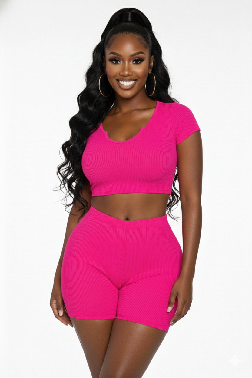 2PC  Ribbed  Split Neck Top and Highwaist