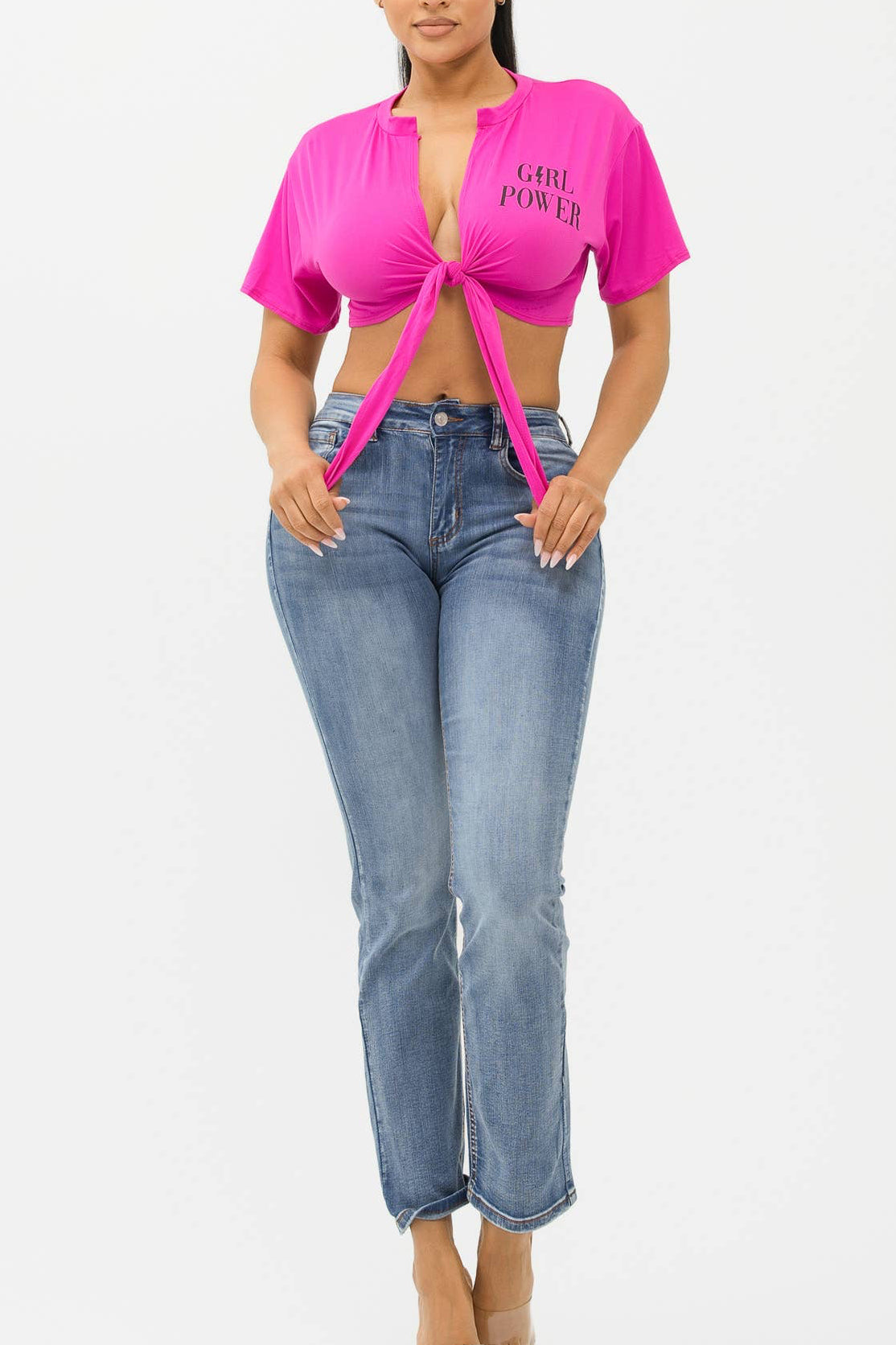 Open Front Notch Neck Screen “Girl Power” Front Tie Top