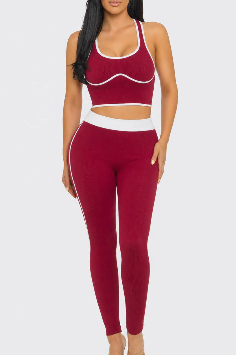 Seamless Rib Contrast Trim Top And Leggings Set