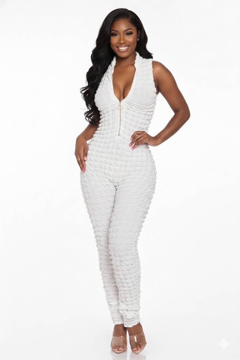 Popcorn Textured O Ring Half Zip Long Jumpsuit