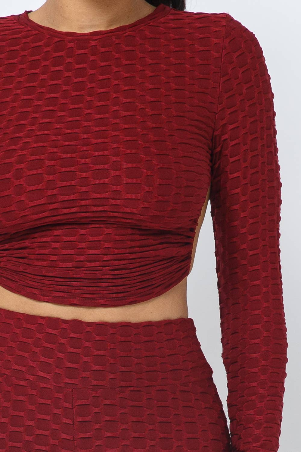 Honeycomb Open Back Tie Top and Leggings Set WINE