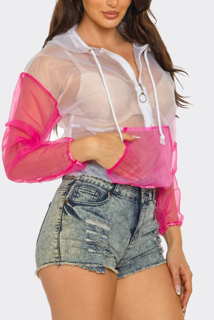 Organza Zip Up Kangaroo Pocket Hoodie Jacket