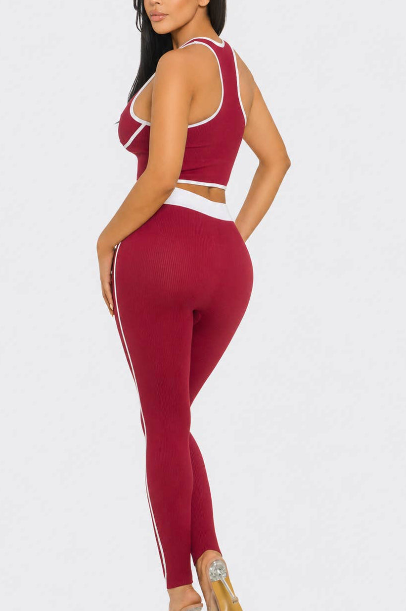 Seamless Rib Contrast Trim Top And Leggings Set