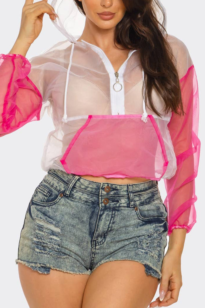 Organza Zip Up Kangaroo Pocket Hoodie Jacket