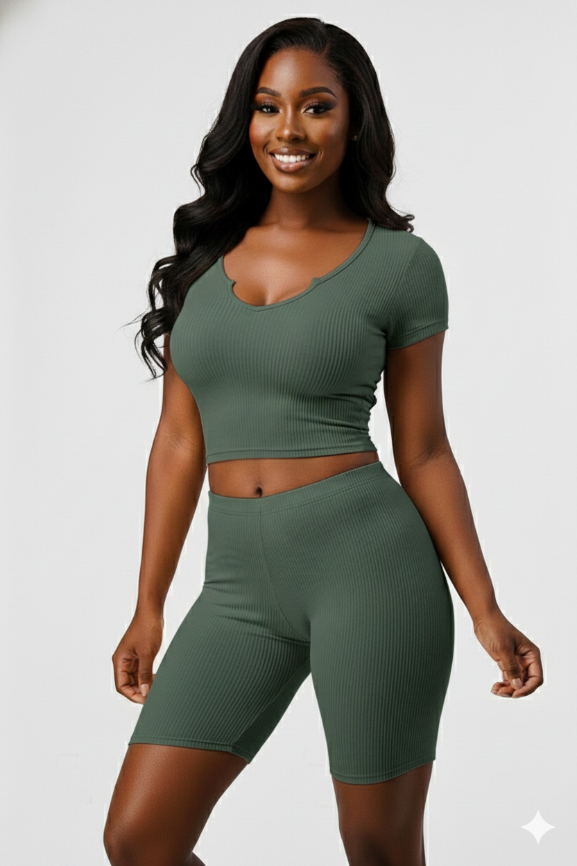 2PC  Ribbed  Split Neck Top and Highwaist
