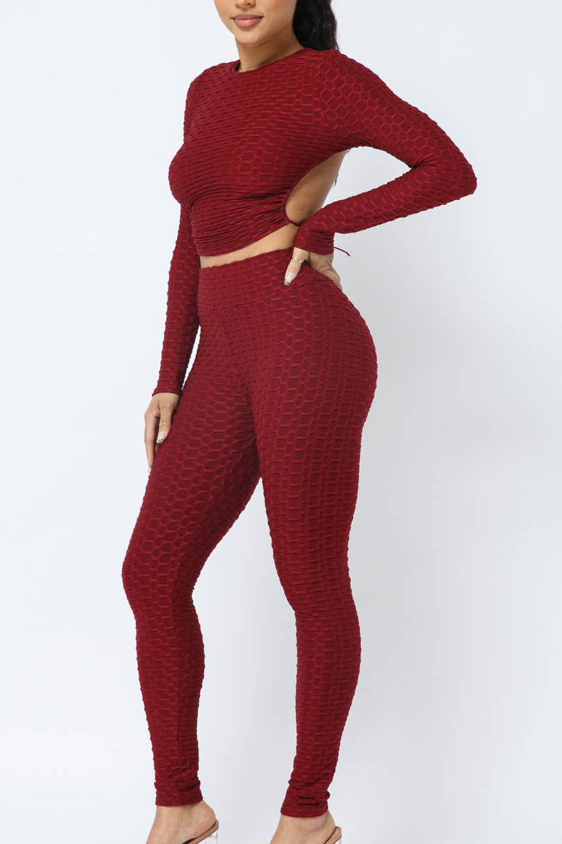 Honeycomb Open Back Tie Top and Leggings Set WINE