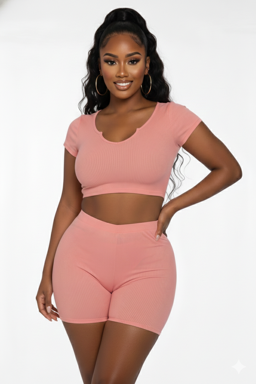 2PC  Ribbed  Split Neck Top and Highwaist