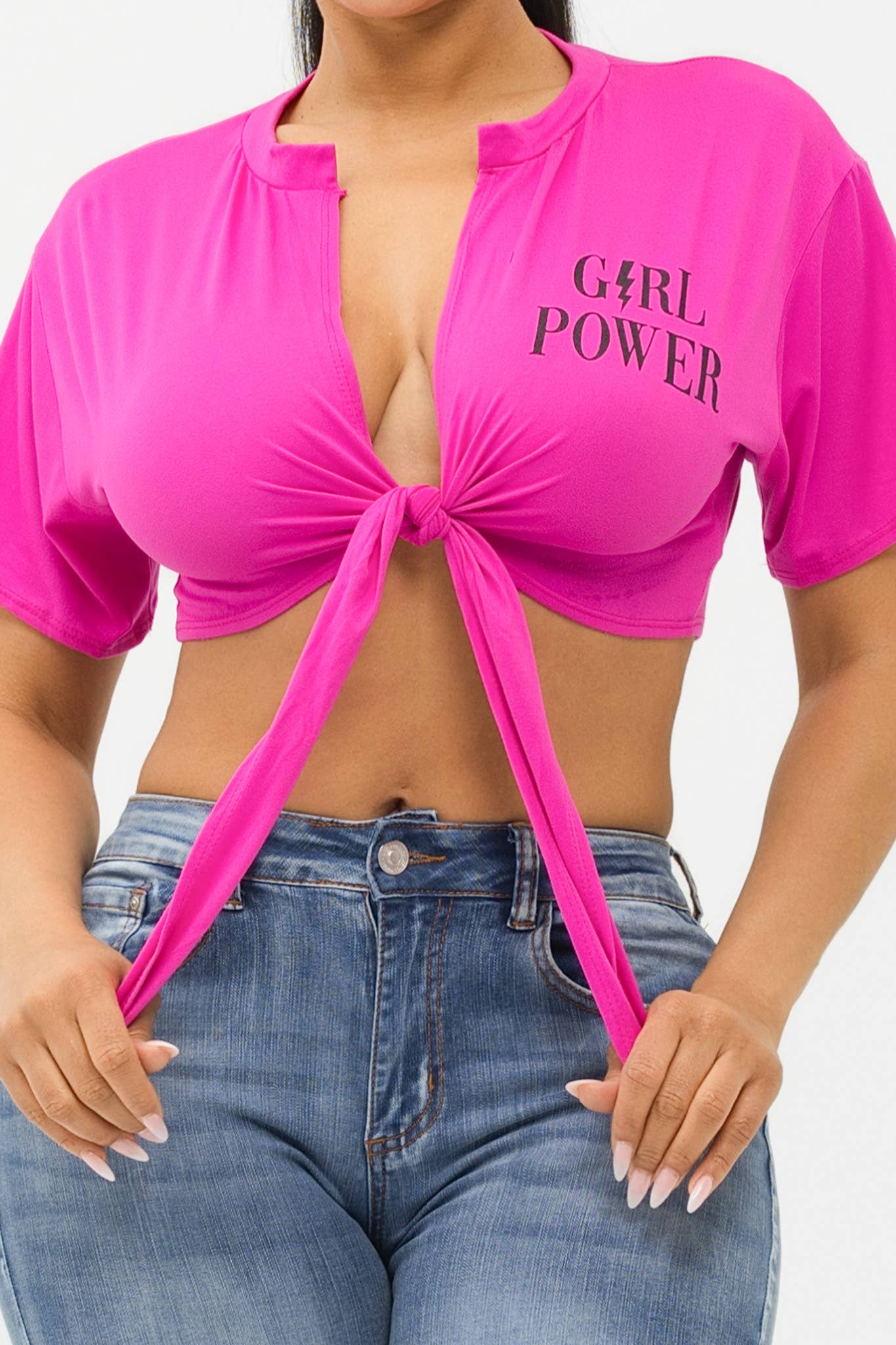 Open Front Notch Neck Screen “Girl Power” Front Tie Top
