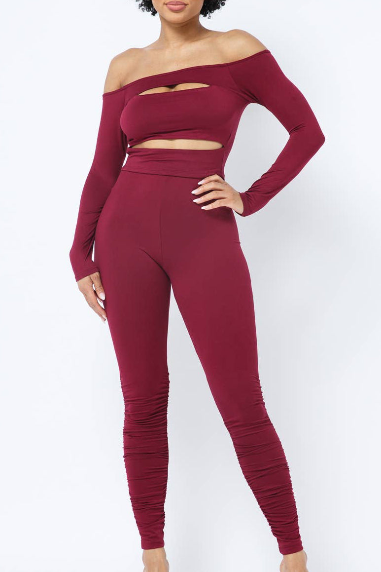 Cut Outs Long Sleeve Top Shirring Leggings Set