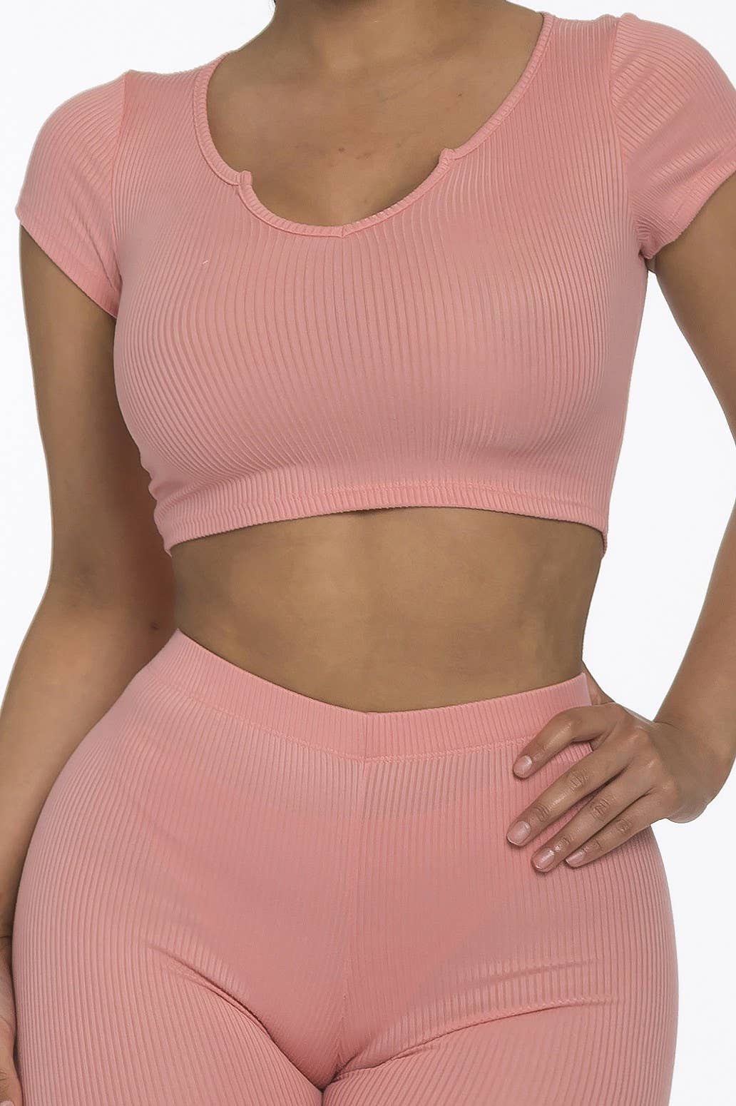 2PC  Ribbed  Split Neck Top and Highwaist