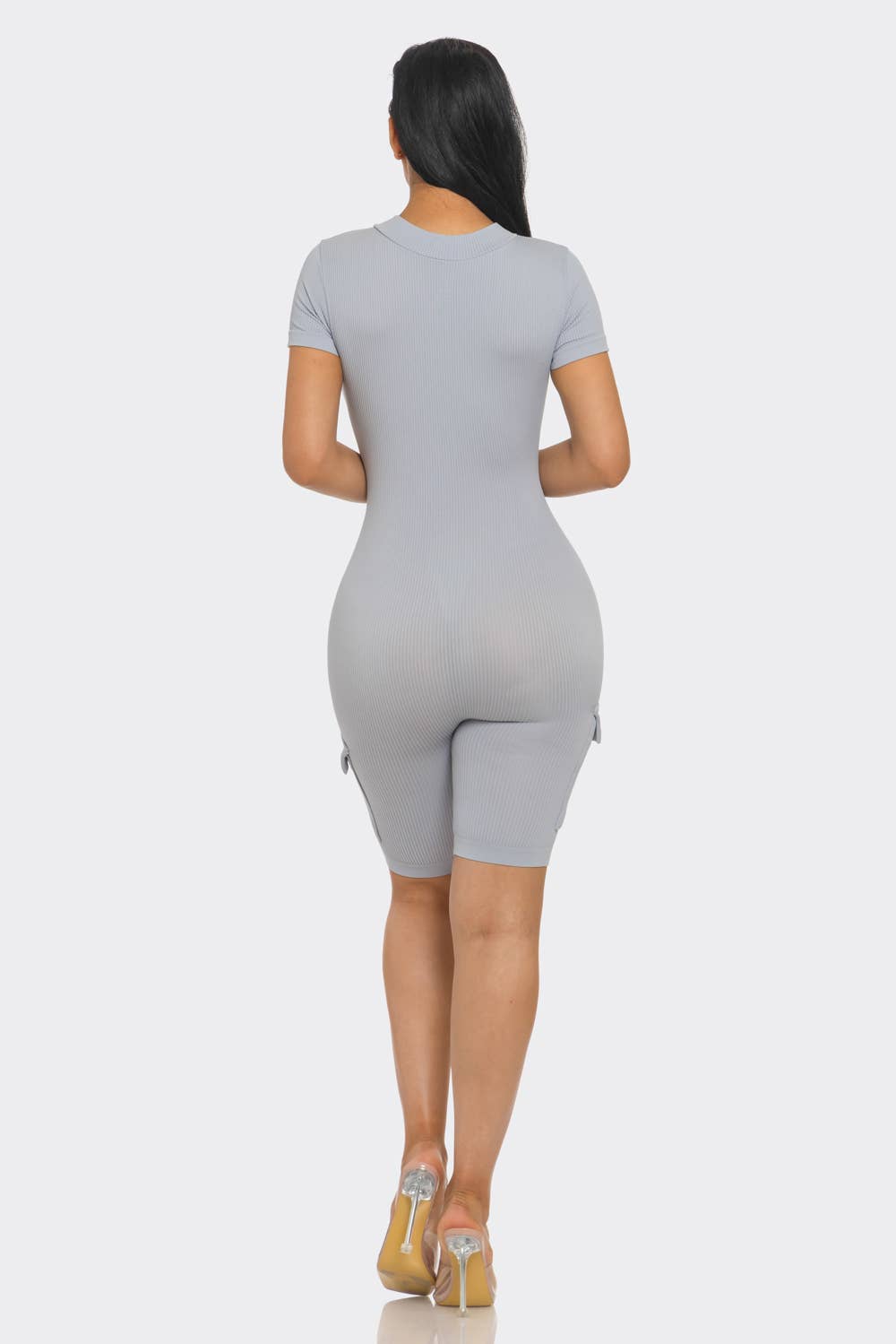 Solid Seamless Zippered Romper with Cargo Pockets