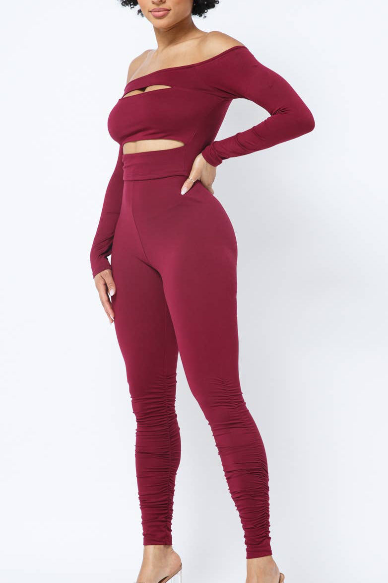 Cut Outs Long Sleeve Top Shirring Leggings Set