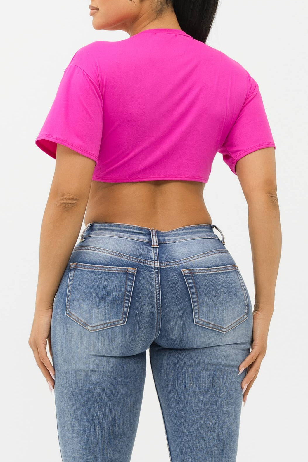 Open Front Notch Neck Screen “Girl Power” Front Tie Top