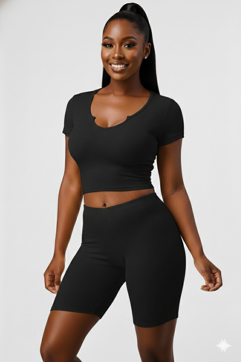 2PC  Ribbed  Split Neck Top and Highwaist