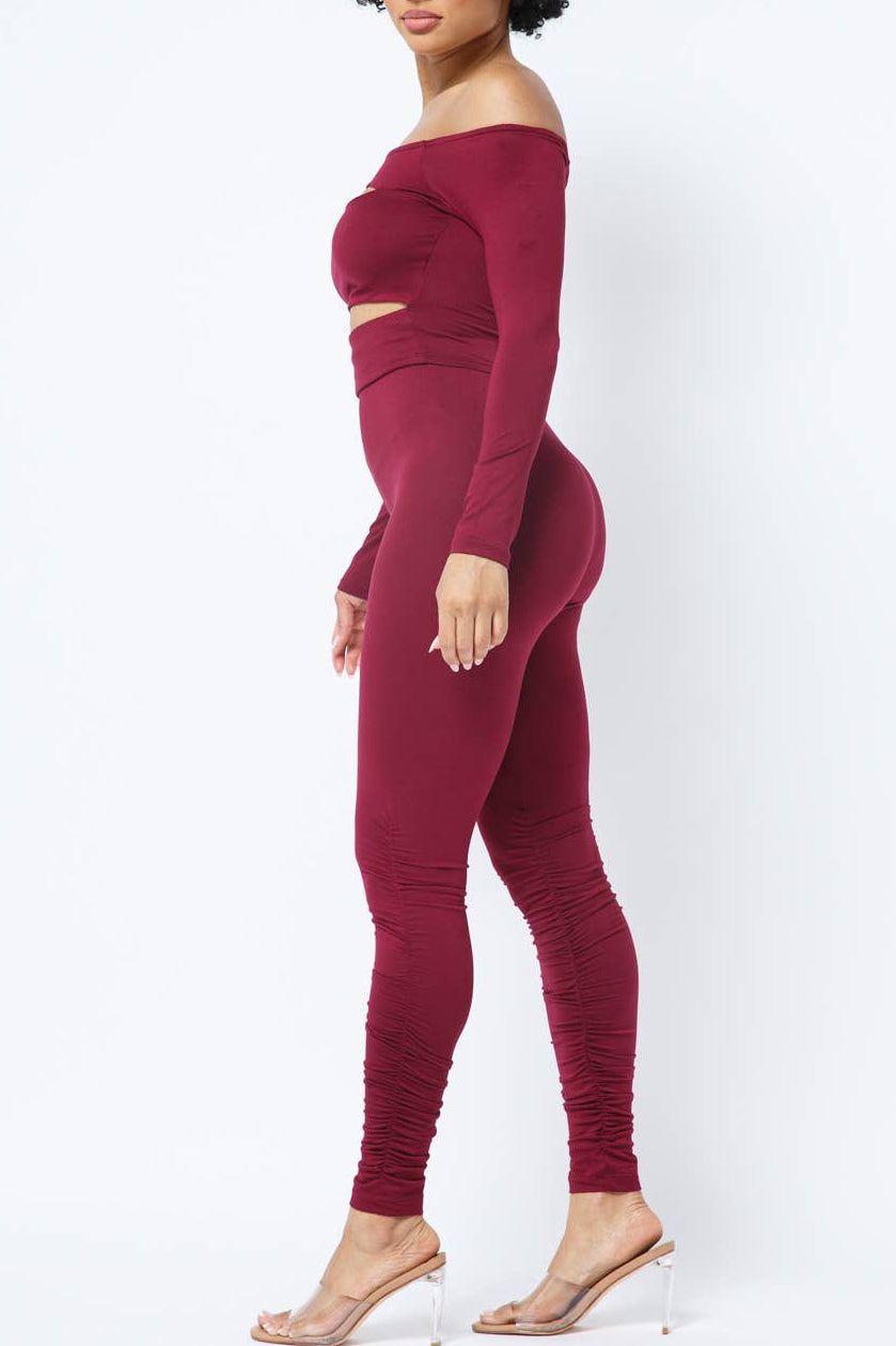 Cut Outs Long Sleeve Top Shirring Leggings Set
