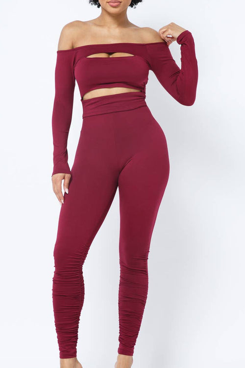 Cut Outs Long Sleeve Top Shirring Leggings Set