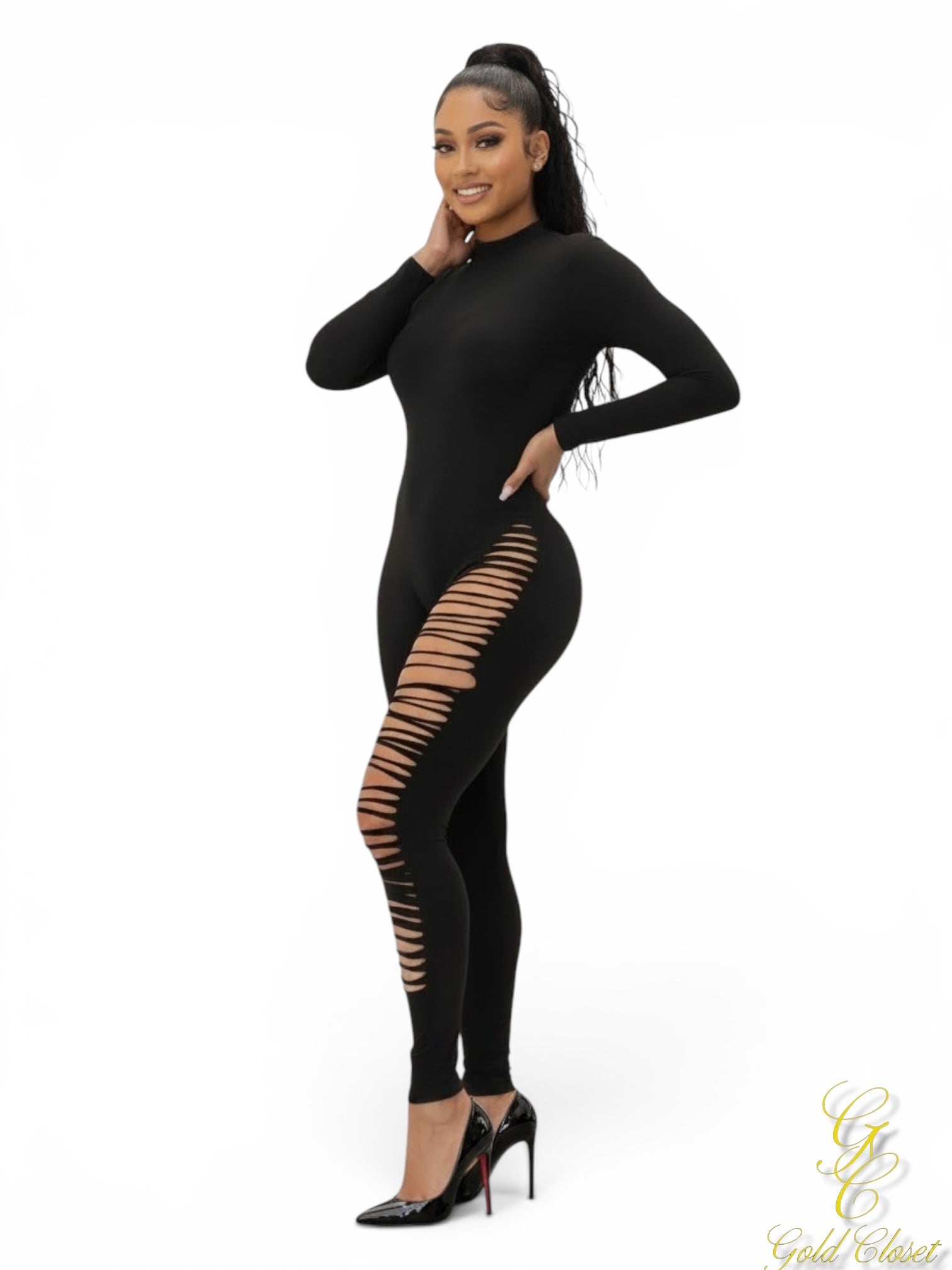Mock Neck One Leg Laser Cut Long Sleeve Jumpsuit
