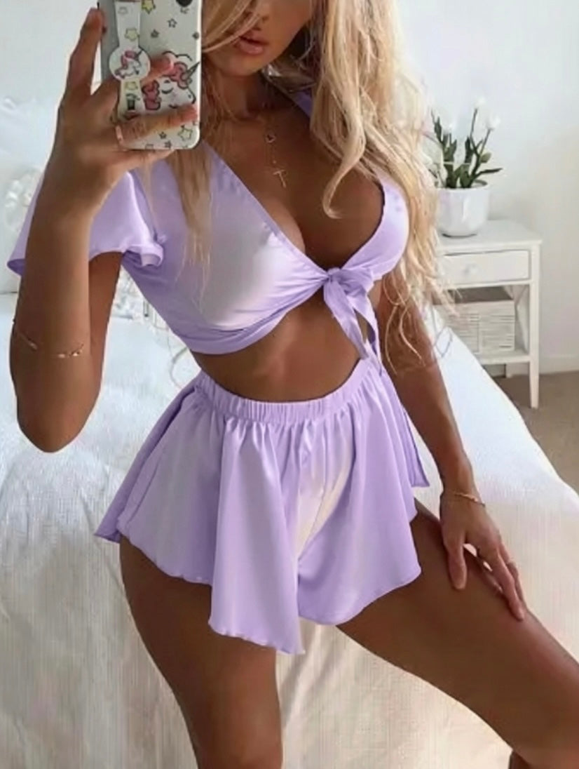 Solid Color Satin Pajamas Lingerie Sleepwear Set