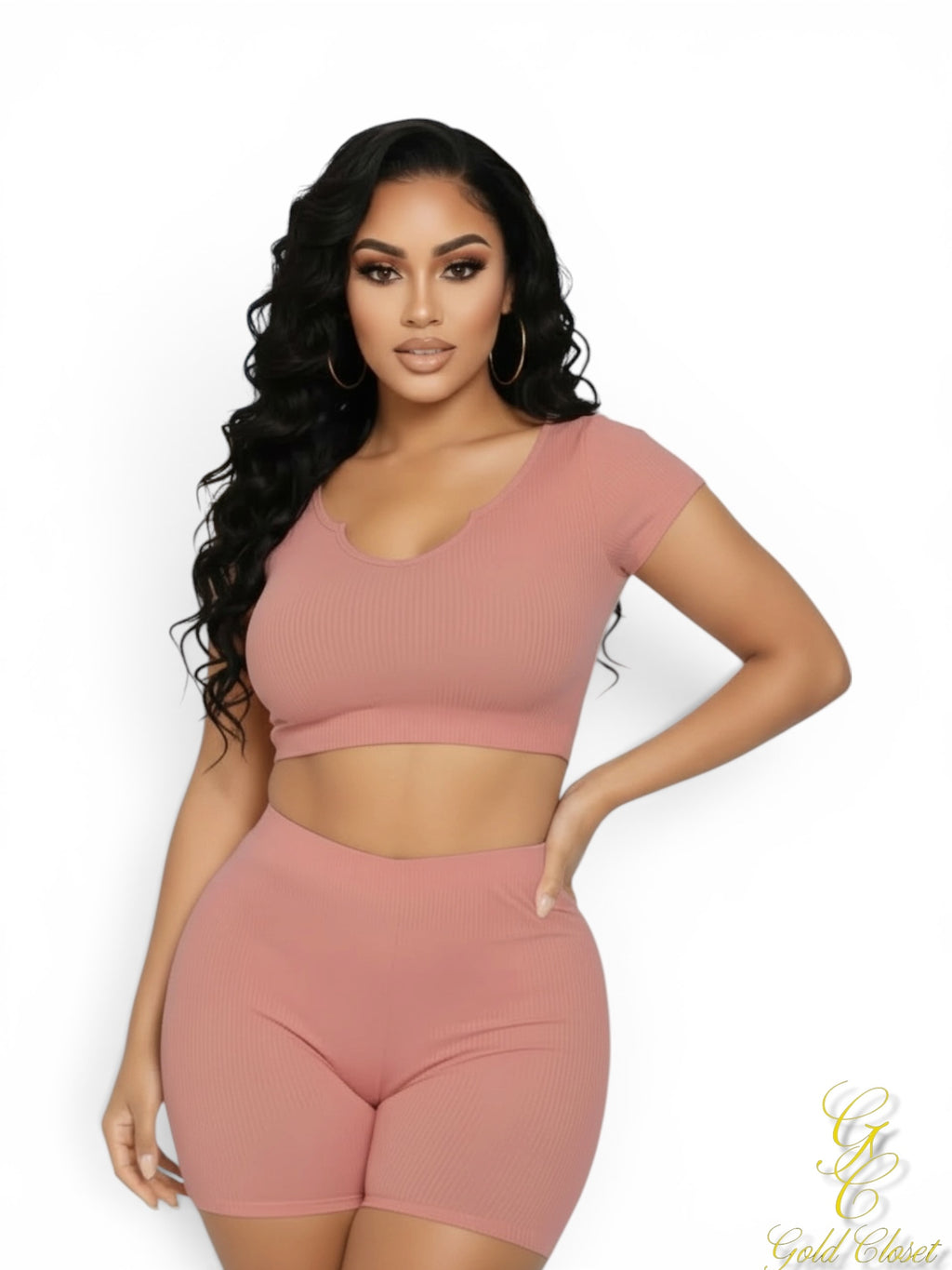 Ribbed Split Neck Top & Highwaist Short Set