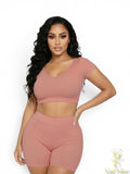 Ribbed Split Neck Top & Highwaist Short Set