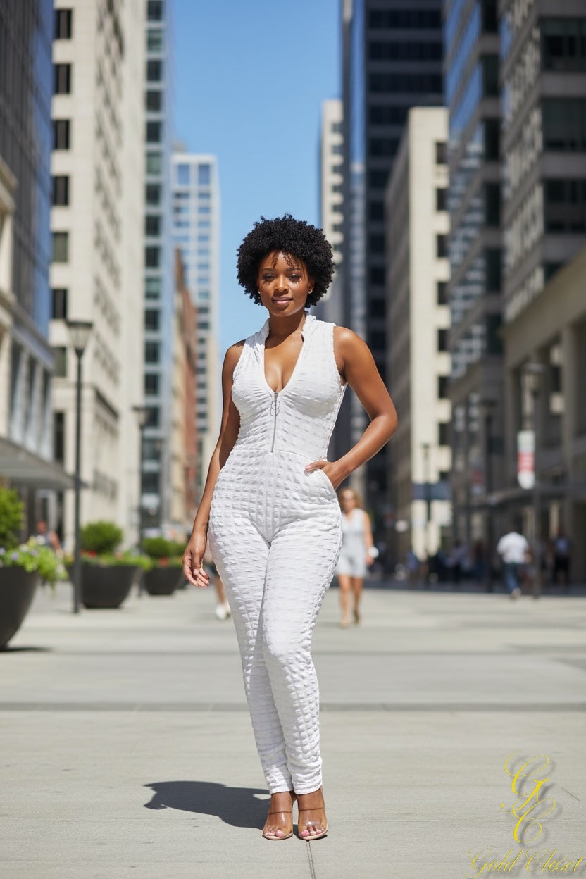 Popcorn Textured O Ring Half Zip Long Jumpsuit