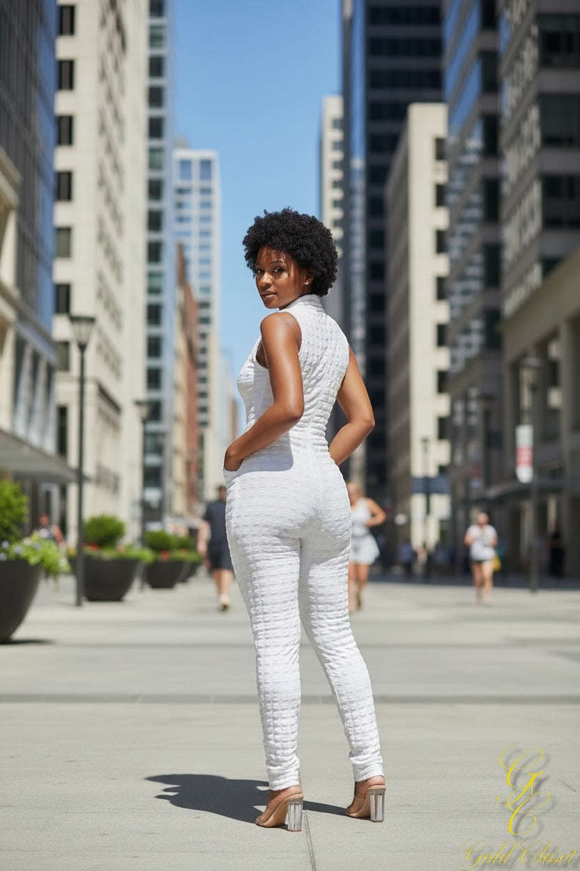 Popcorn Textured O Ring Half Zip Long Jumpsuit