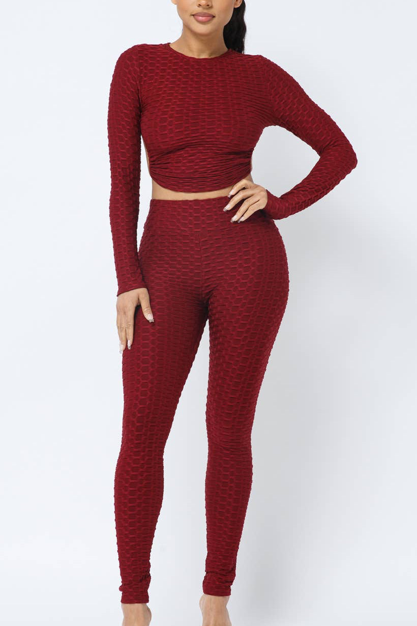 Honeycomb Open Back Tie Top and Leggings Set WINE