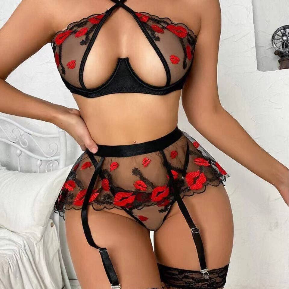 Women Sexy Lips Embroidered Lingerie