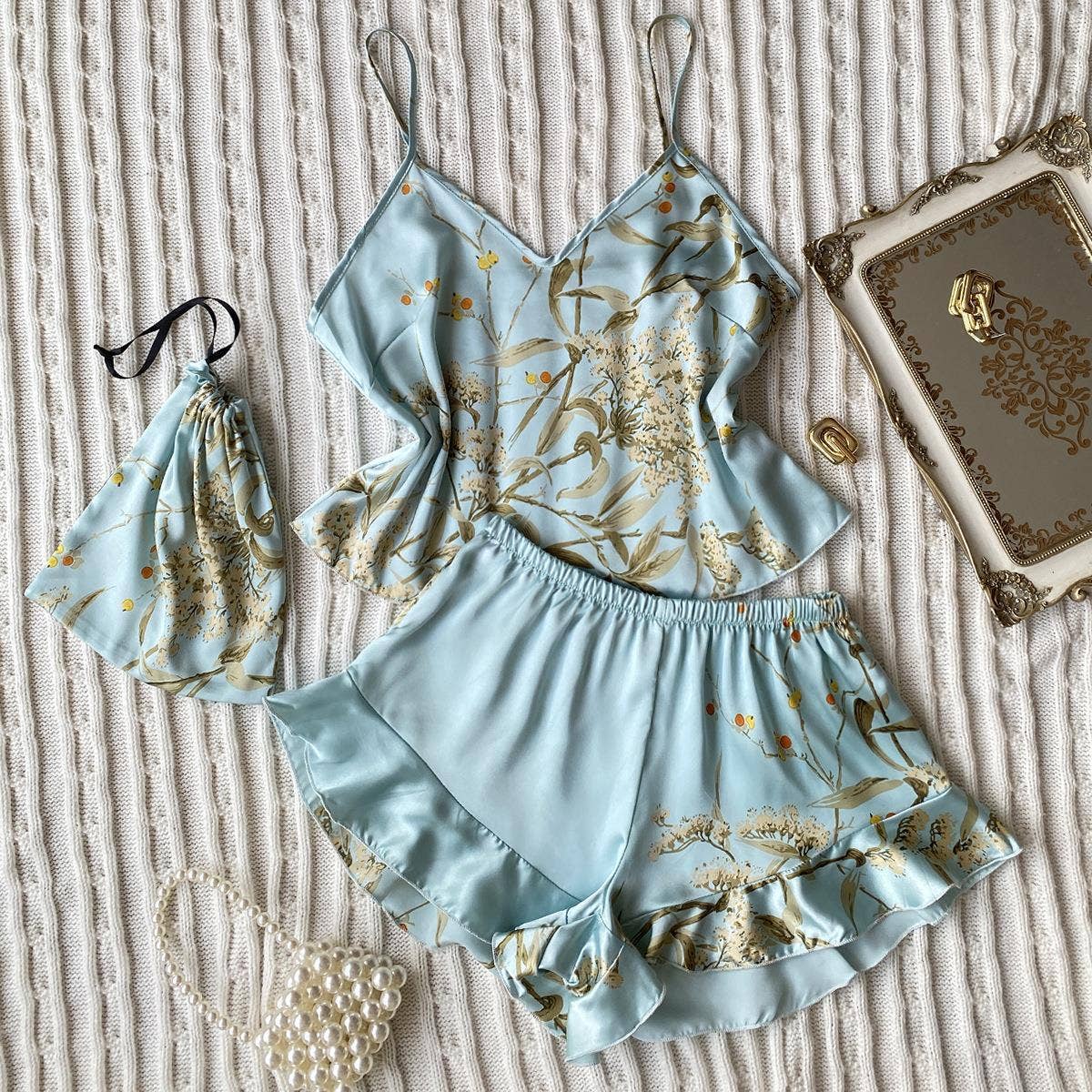 Women Fashion Printed Silk Pajamas Two-Piece Set