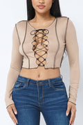 Contrast Outstitch Open Front Cross Tie Top