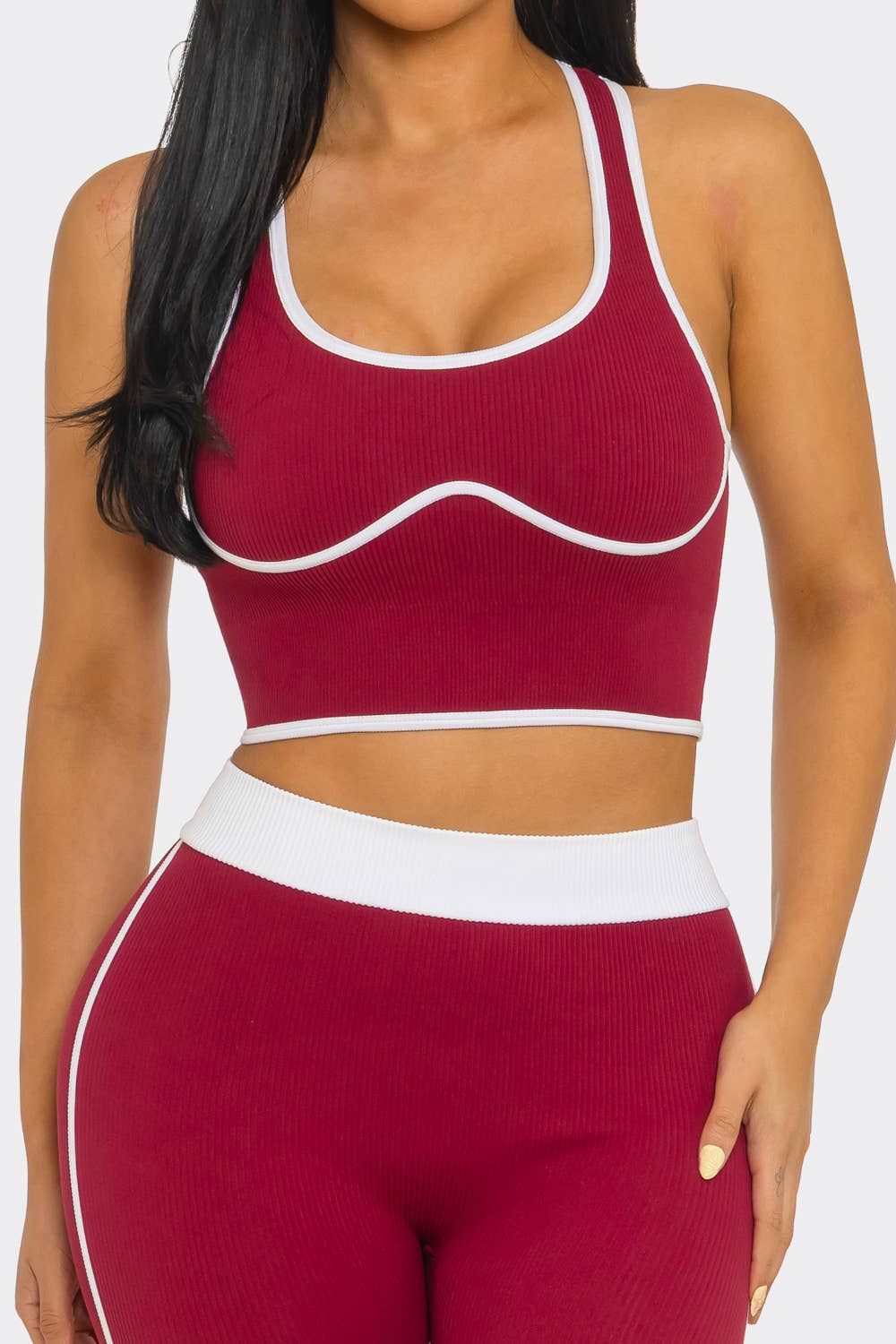 Seamless Rib Contrast Trim Top And Leggings Set
