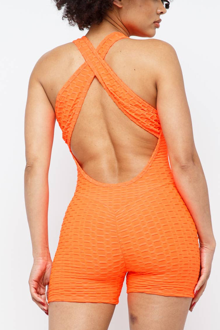 Honeycomb Jacquard Sleeveless Cross Back Romper Neon Orange!