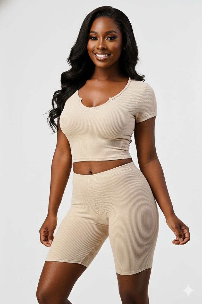 2PC  Ribbed  Split Neck Top and Highwaist