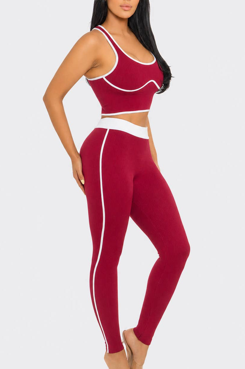 Seamless Rib Contrast Trim Top And Leggings Set