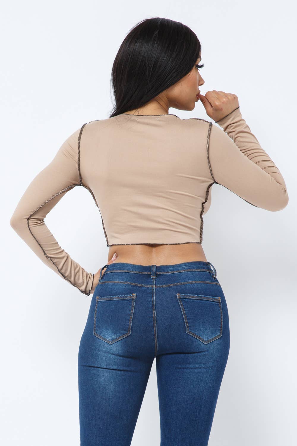 Contrast Outstitch Open Front Cross Tie Top