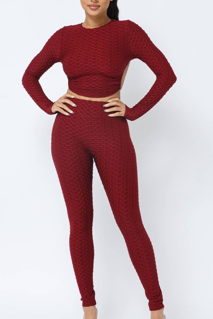 Honeycomb Open Back Tie Top and Leggings Set WINE