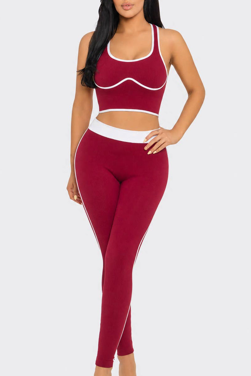 Seamless Rib Contrast Trim Top And Leggings Set